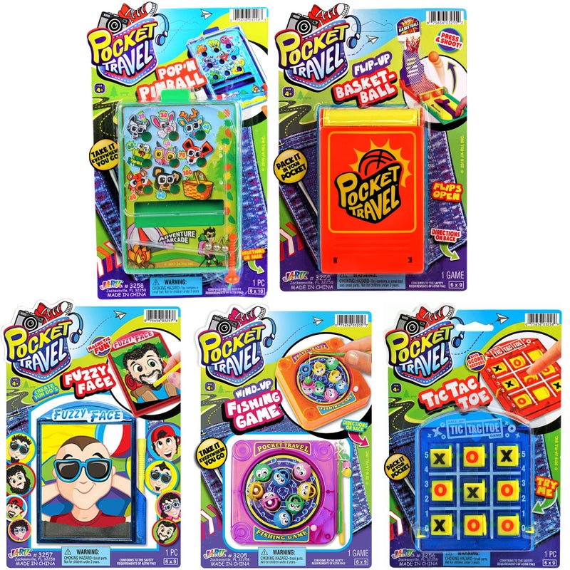 JA-RU Pocket Travel Toy Set (5 Toys) Kids Mini Handheld Games. Pinball Machine, Finger Basketball, Fishing Game, Magnetic Beard, & Small Tic Tac Toe. Party Favors. 3255-3258-3257-3205-3256p - Image 1